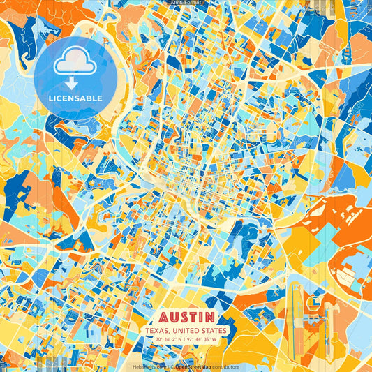 Austin, Texas, United States blue and orange vector art map template