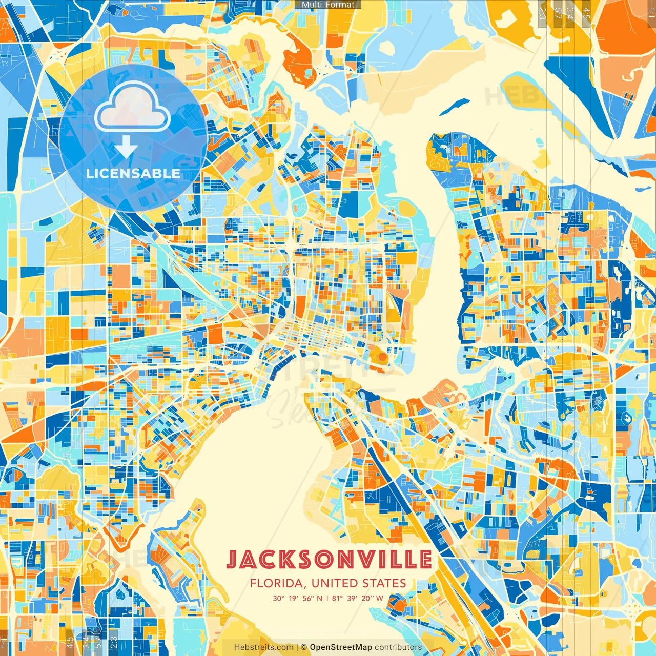 Jacksonville, Florida, United States blue and orange vector art map template