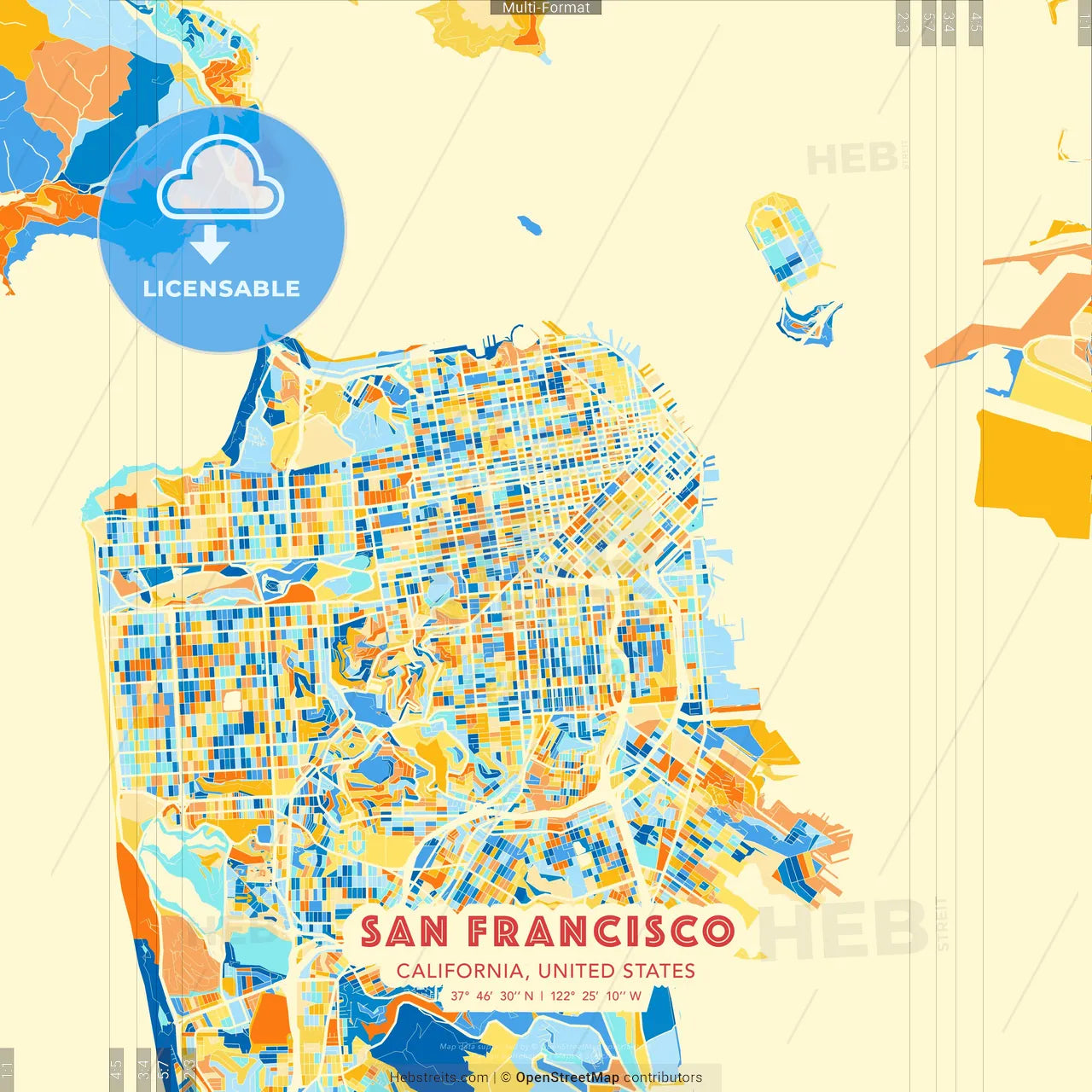 San Francisco, California, United States blue and orange vector art map template
