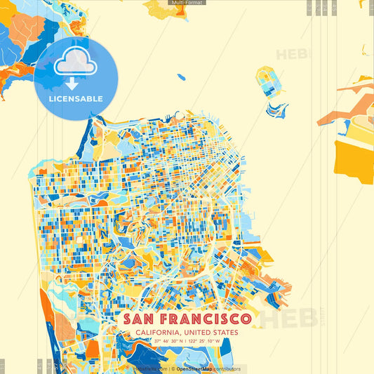 San Francisco, California, United States blue and orange vector art map template