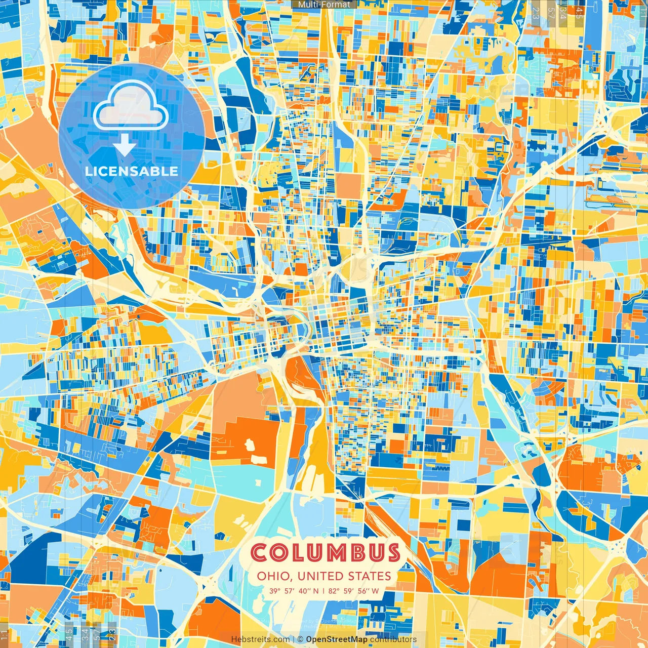 Columbus, Ohio, United States blue and orange vector art map template