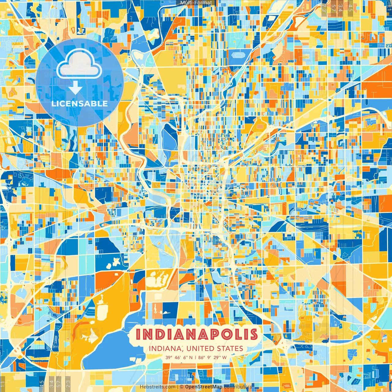 Indianapolis, Indiana, United States blue and orange vector art map template
