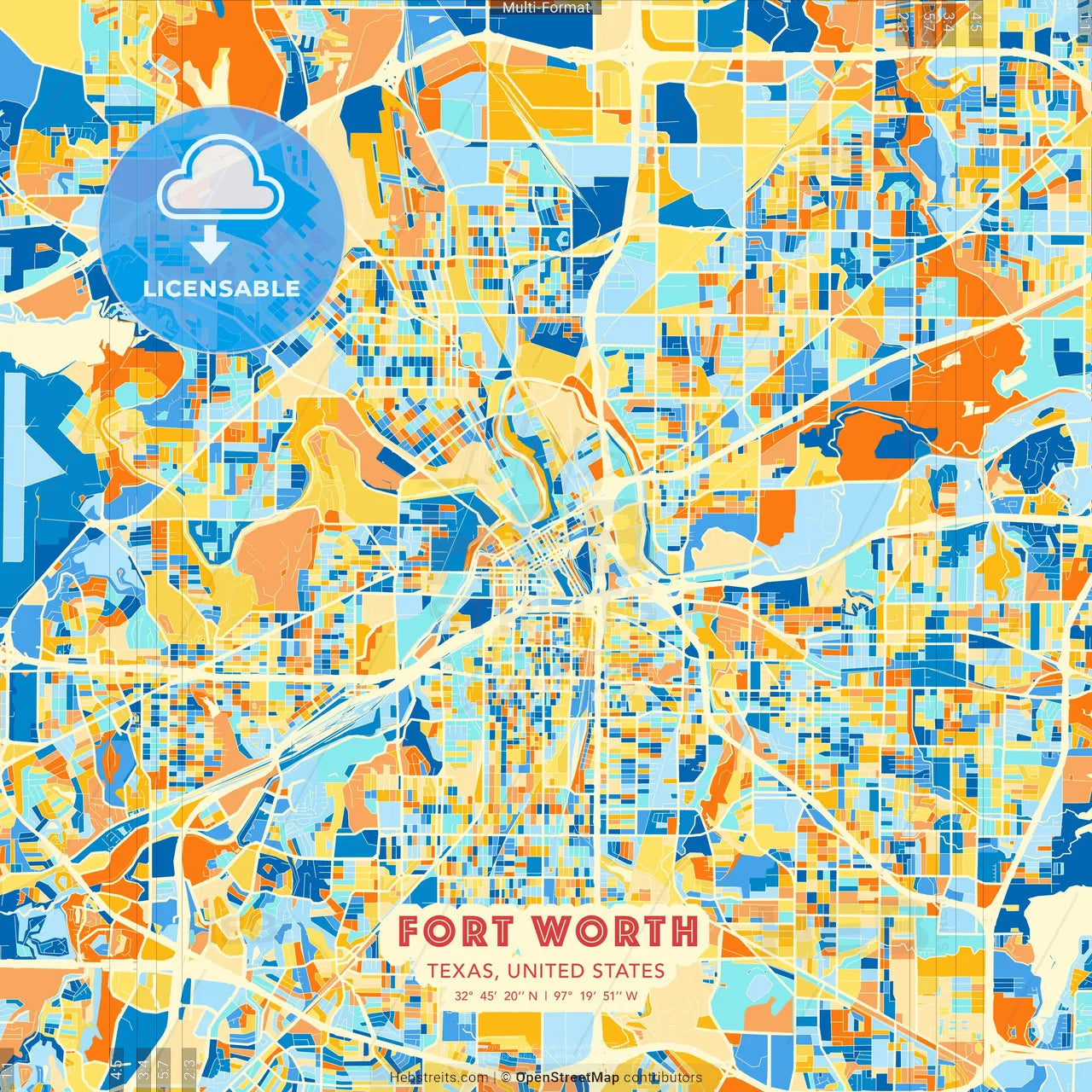 Fort Worth, Texas, United States blue and orange vector art map template