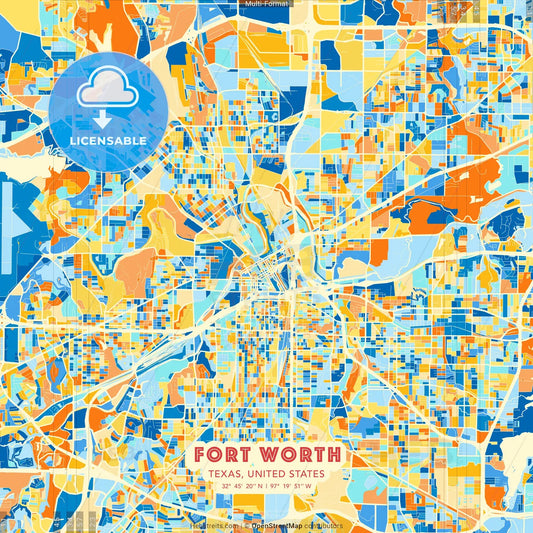 Fort Worth, Texas, United States blue and orange vector art map template