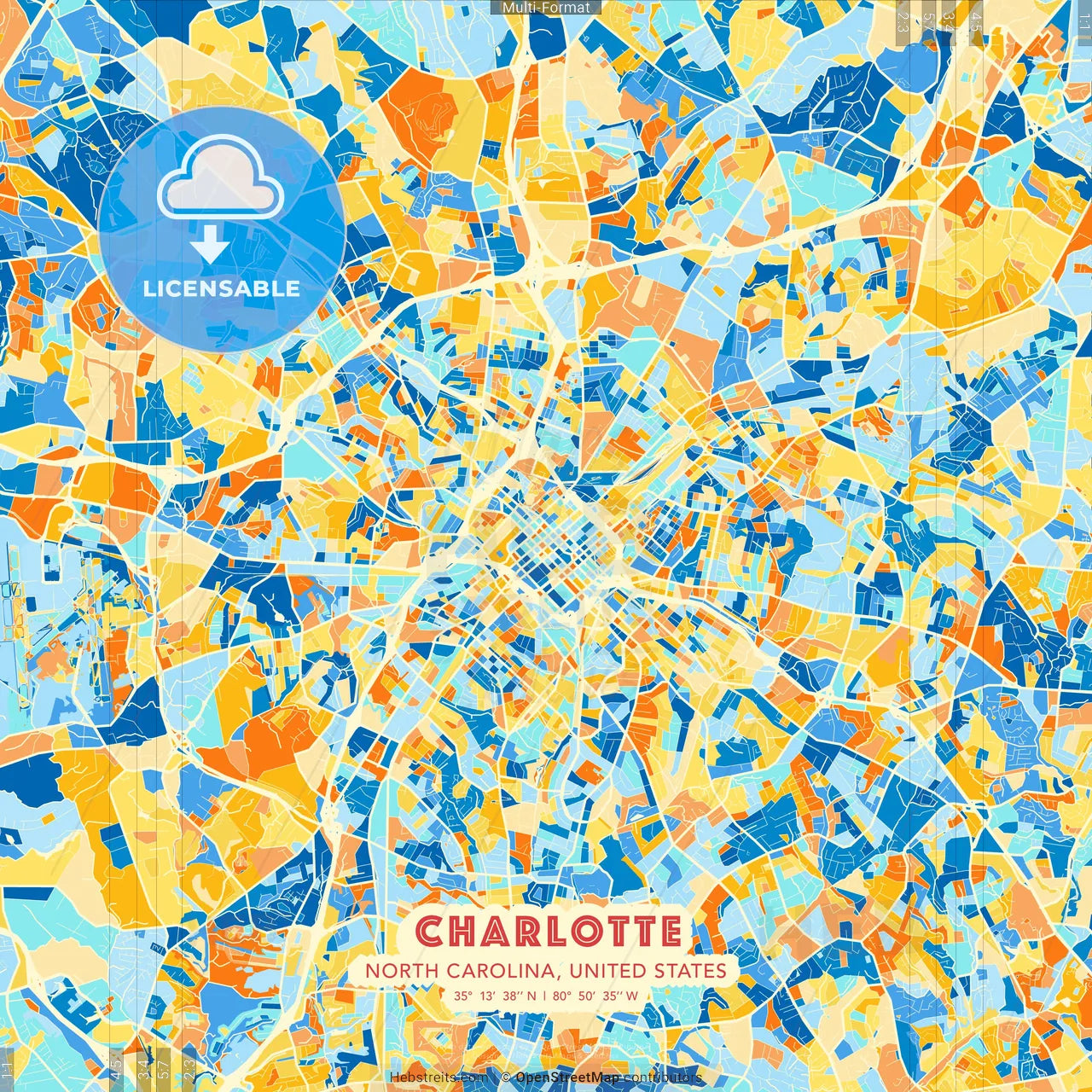 Charlotte, North Carolina, United States blue and orange vector art map template