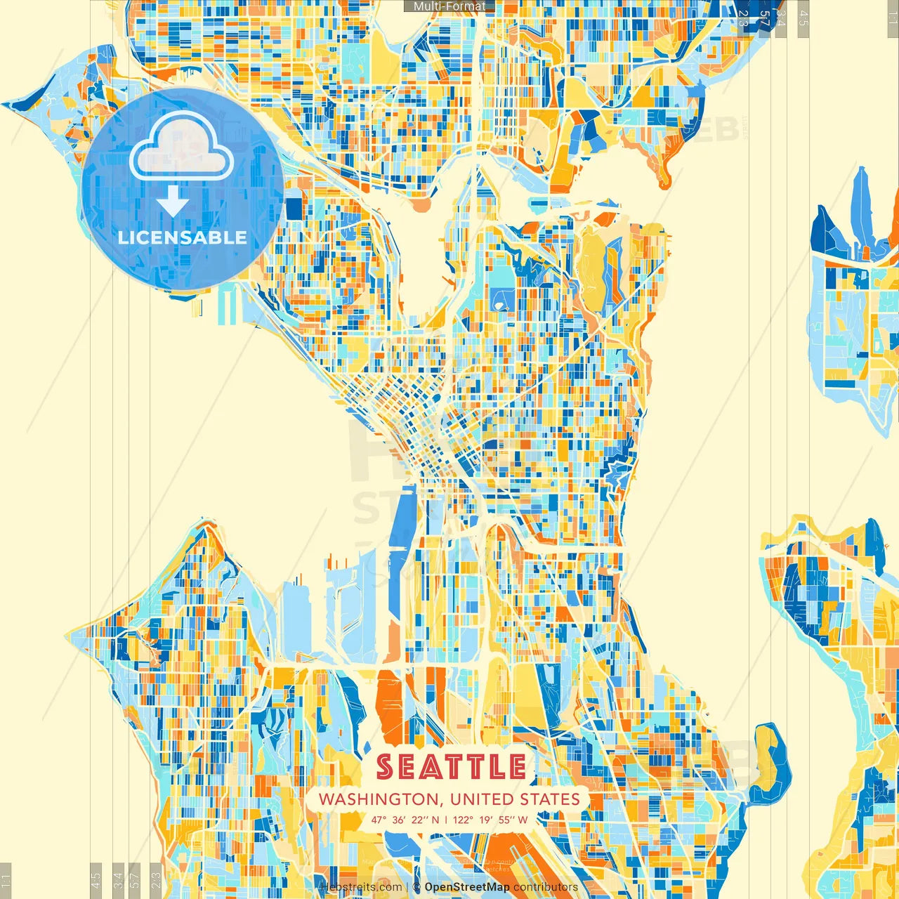 Seattle, Washington, United States blue and orange vector art map template