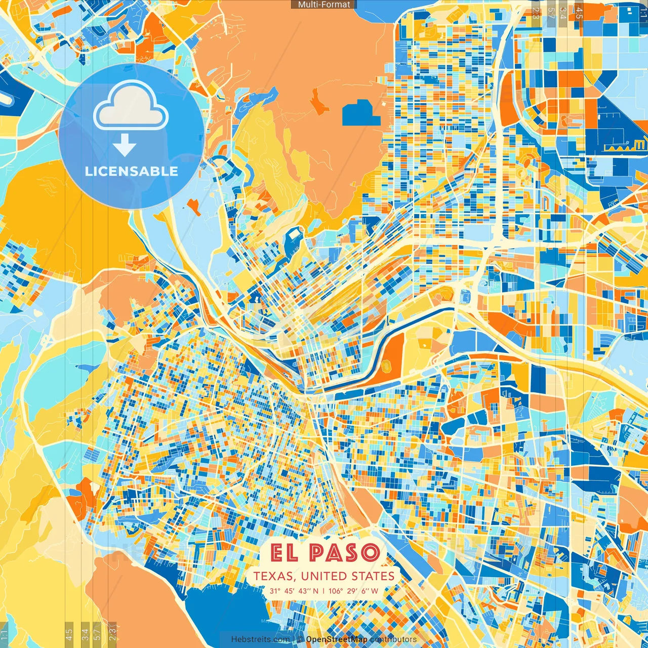 El Paso, Texas, United States blue and orange vector art map template