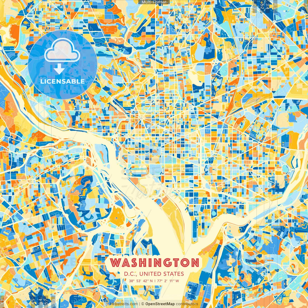 Washington, D.C., United States blue and orange vector art map template