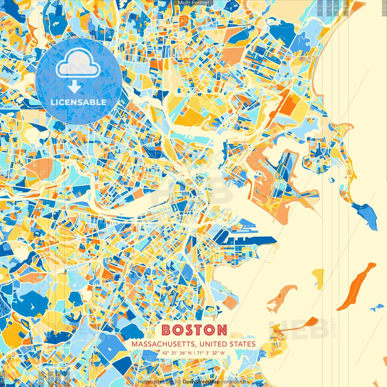 Boston, Massachusetts, United States blue and orange vector art map template