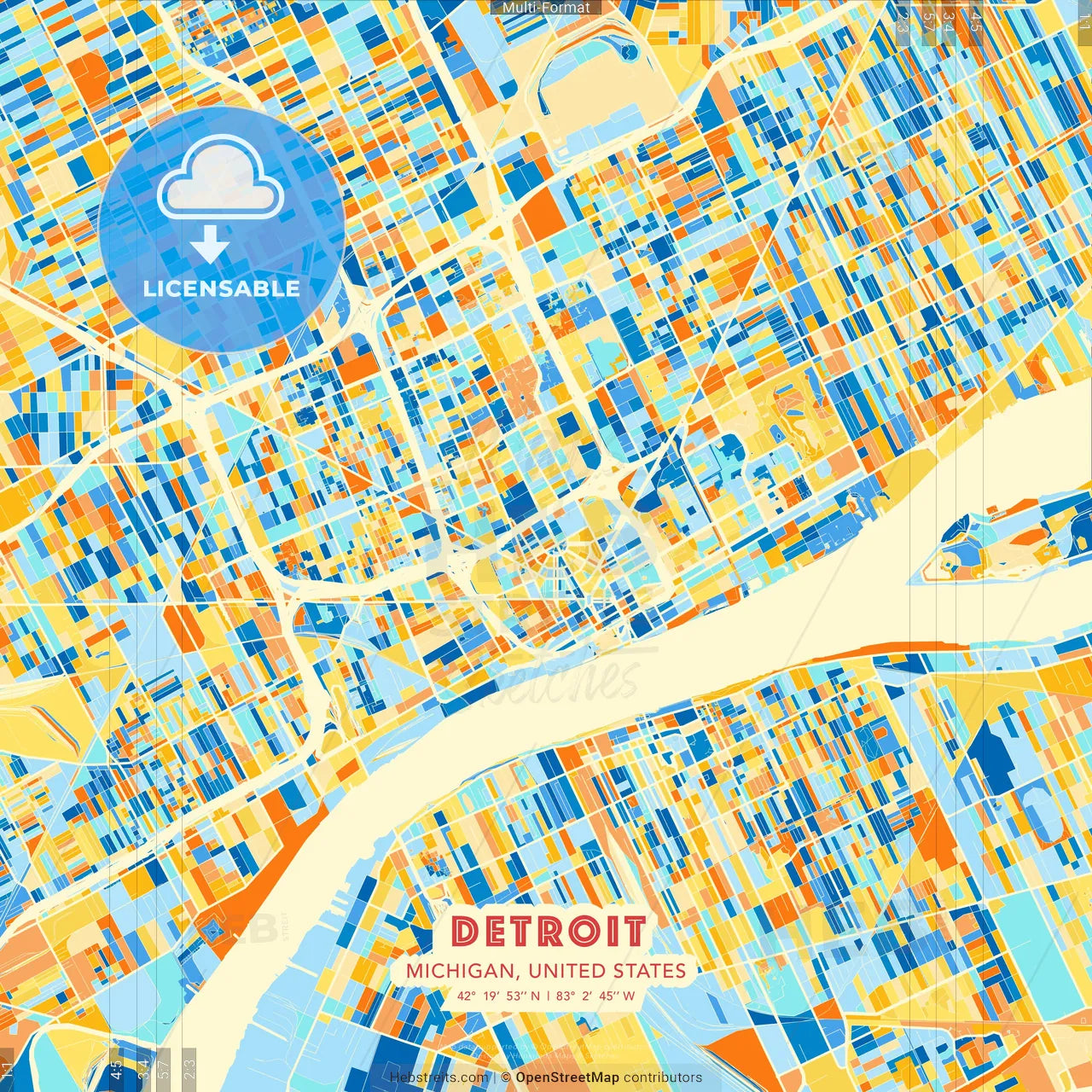 Detroit, Michigan, United States blue and orange vector art map template