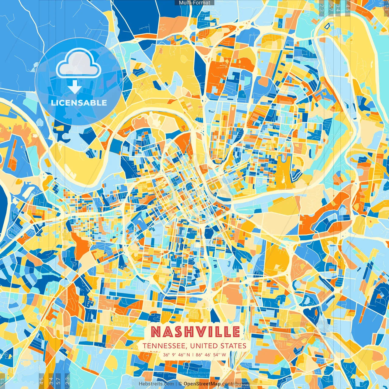 Nashville, Tennessee, United States blue and orange vector art map template