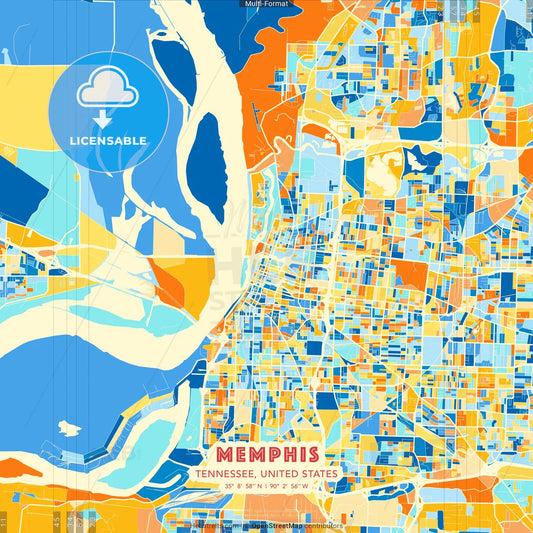 Memphis, Tennessee, United States blue and orange vector art map template