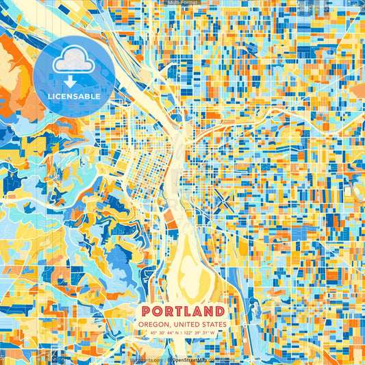 Portland, Oregon, United States blue and orange vector art map template