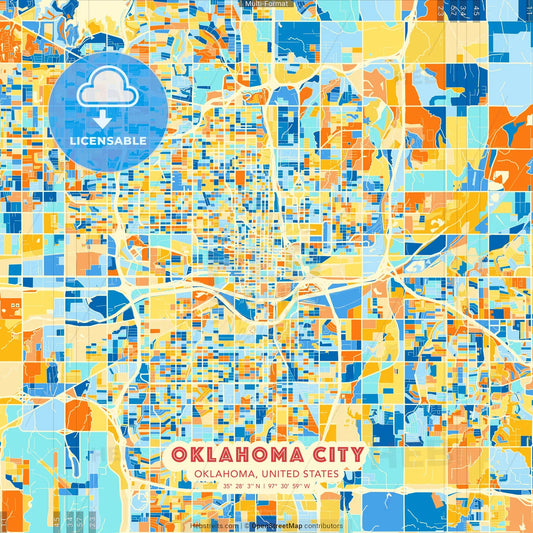 Oklahoma City, Oklahoma, United States blue and orange vector art map template