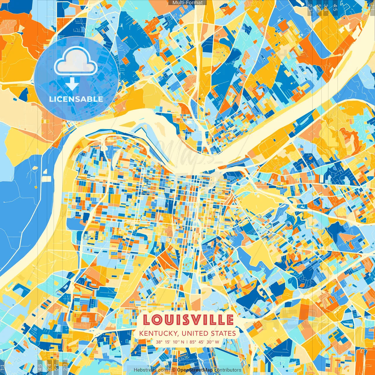 Louisville, Kentucky, United States blue and orange vector art map template