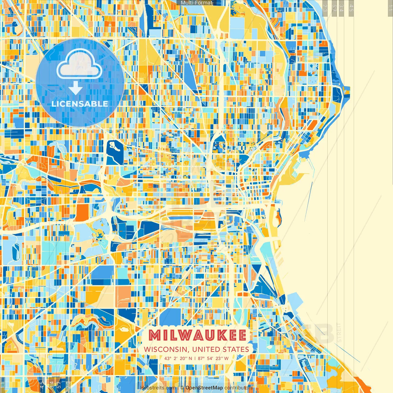 Milwaukee, Wisconsin, United States blue and orange vector art map template