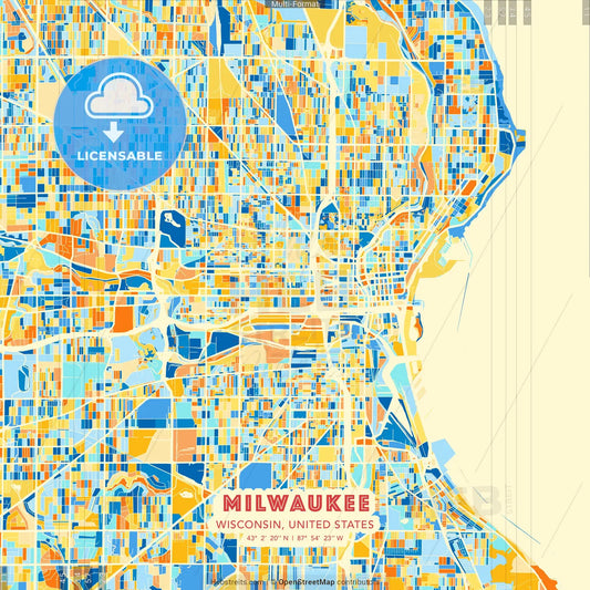Milwaukee, Wisconsin, United States blue and orange vector art map template