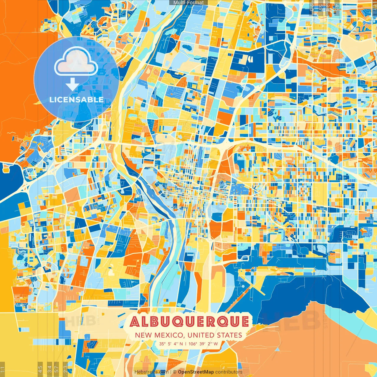 Albuquerque, New Mexico, United States blue and orange vector art map template