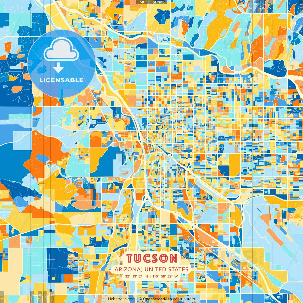 Tucson, Arizona, United States blue and orange vector art map template