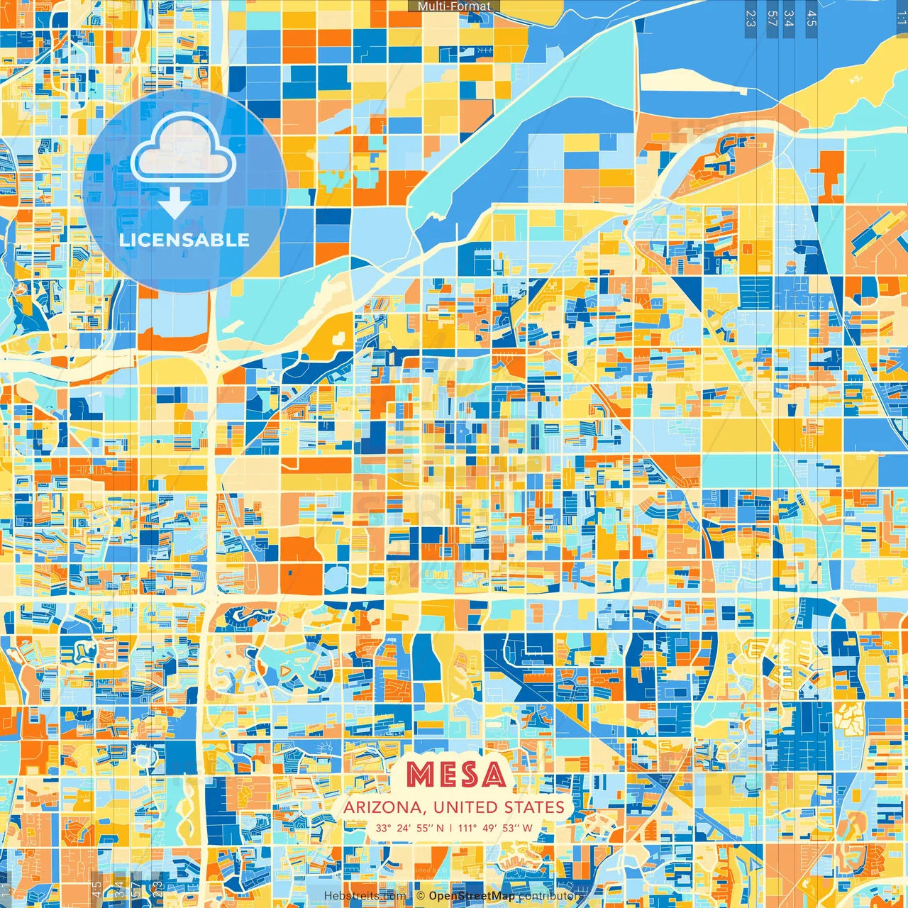 Mesa, Arizona, United States blue and orange vector art map template