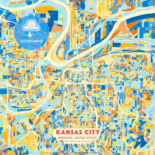 Kansas City, Missouri, United States blue and orange vector art map template