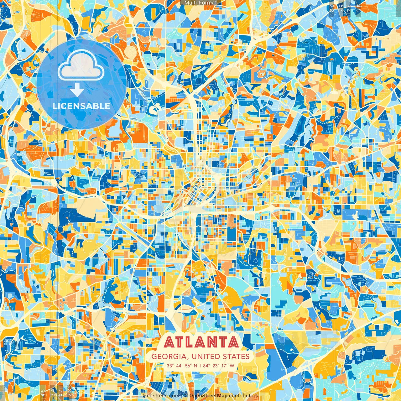 Atlanta, Georgia, United States blue and orange vector art map template