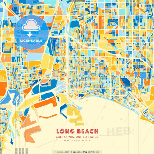 Long Beach, California, United States blue and orange vector art map template
