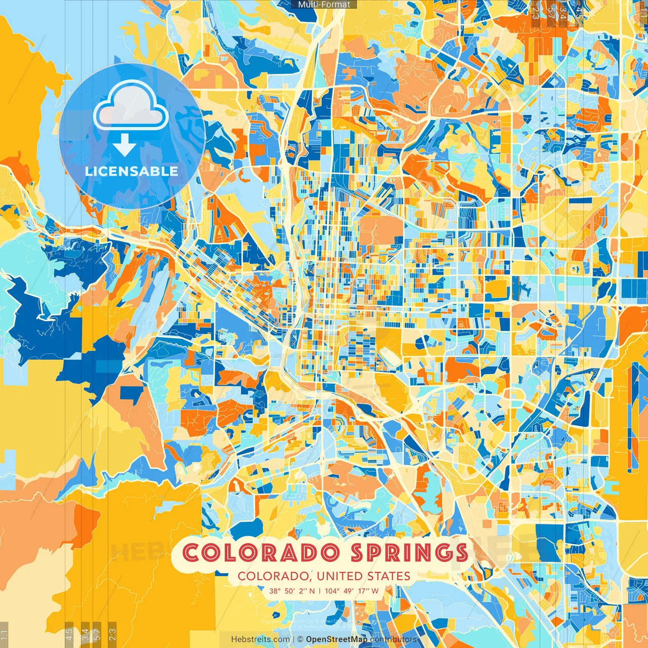 Colorado Springs, Colorado, United States blue and orange vector art map template