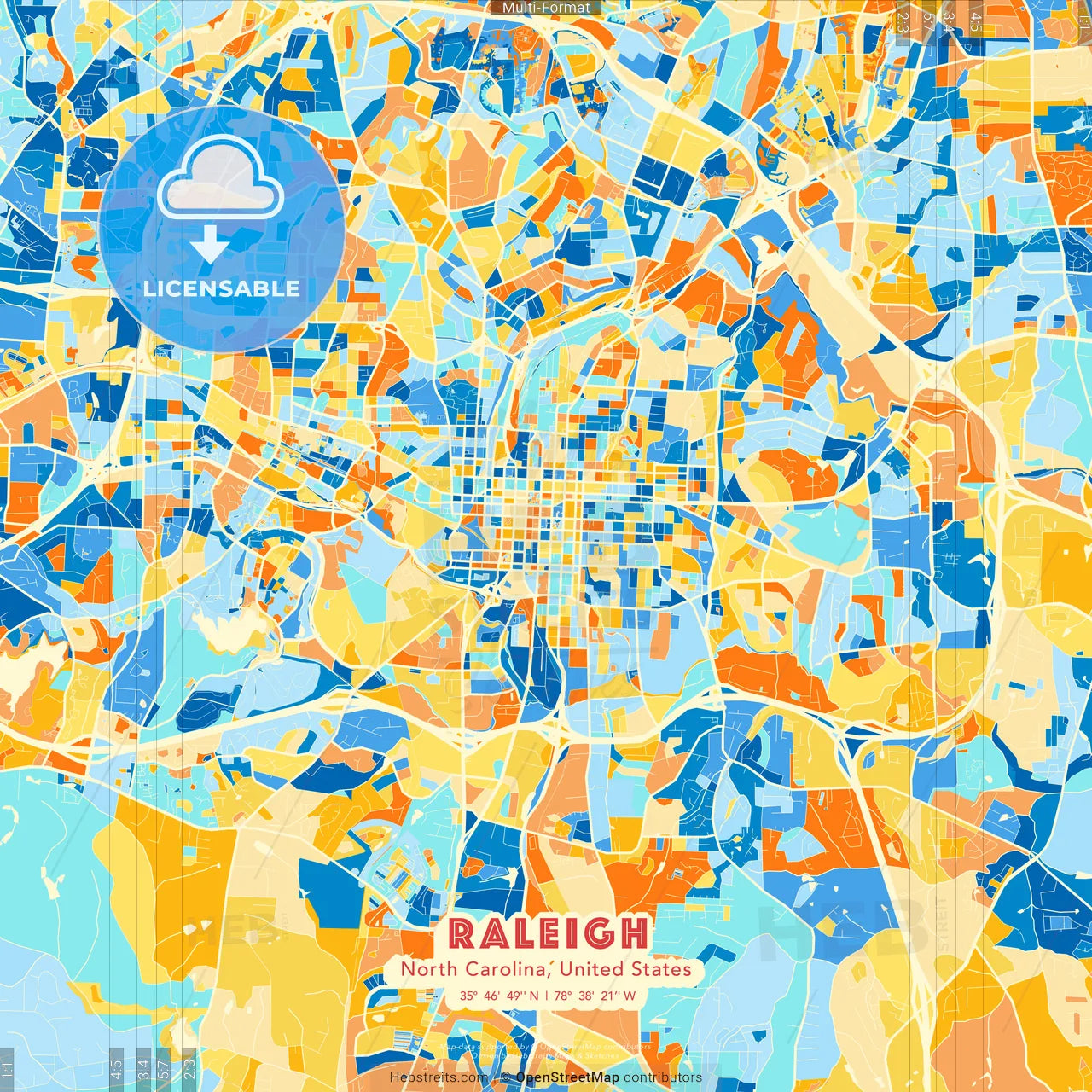 Raleigh, North Carolina, United States blue and orange vector art map template