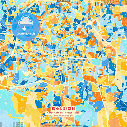 Raleigh, North Carolina, United States blue and orange vector art map template