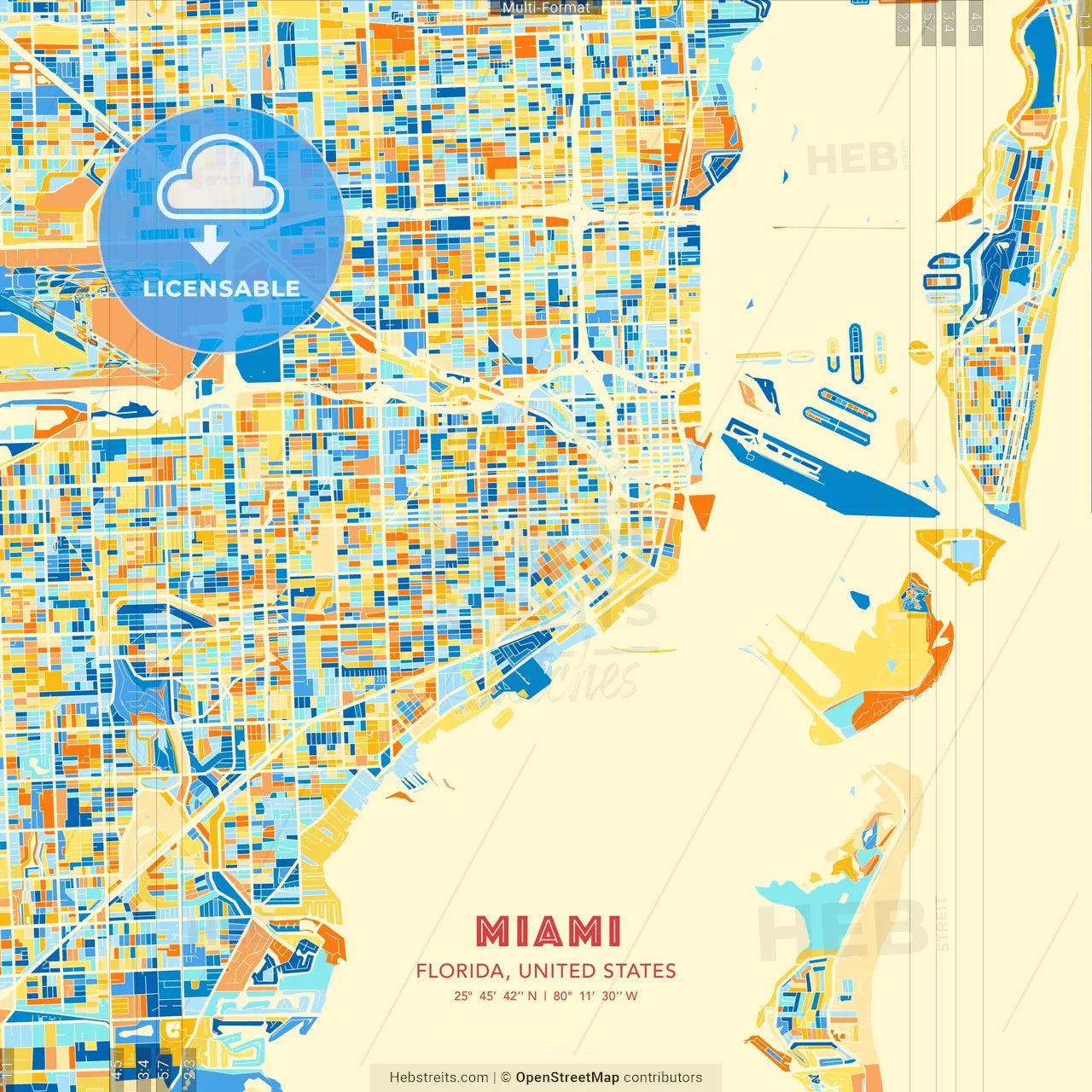 Miami, Florida, United States blue and orange vector art map template