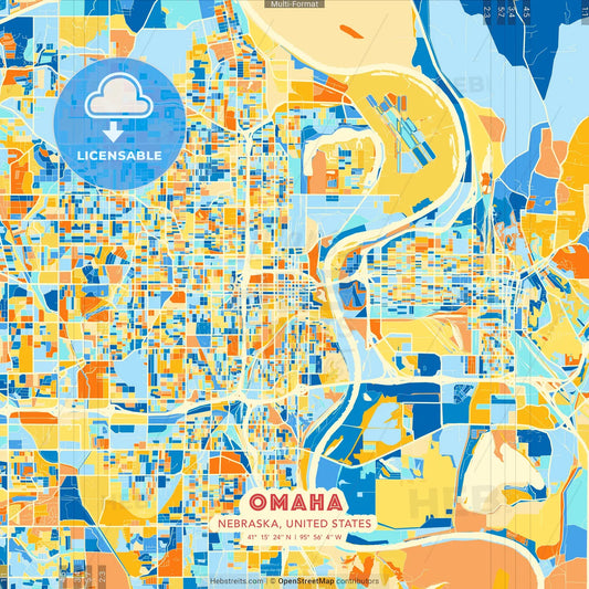 Omaha, Nebraska, United States blue and orange vector art map template