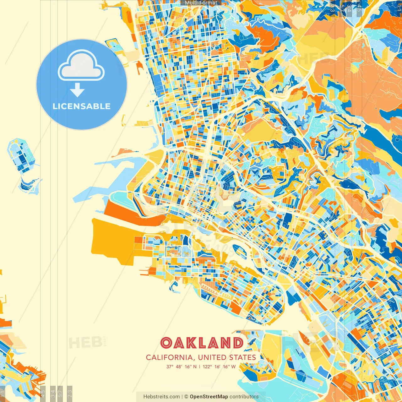 Oakland, California, United States blue and orange vector art map template