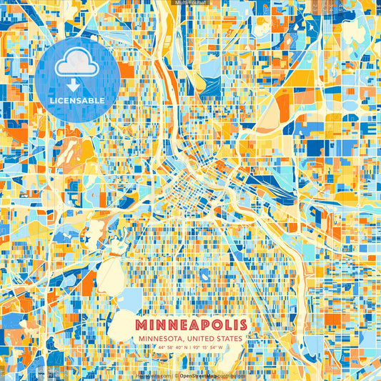 Minneapolis, Minnesota, United States blue and orange vector art map template