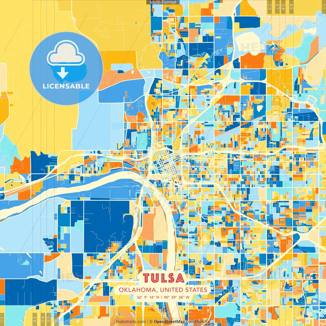 Tulsa, Oklahoma, United States blue and orange vector art map template