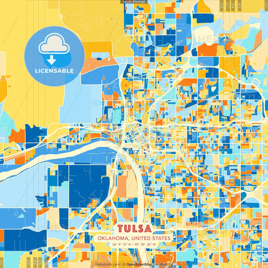 Tulsa, Oklahoma, United States blue and orange vector art map template