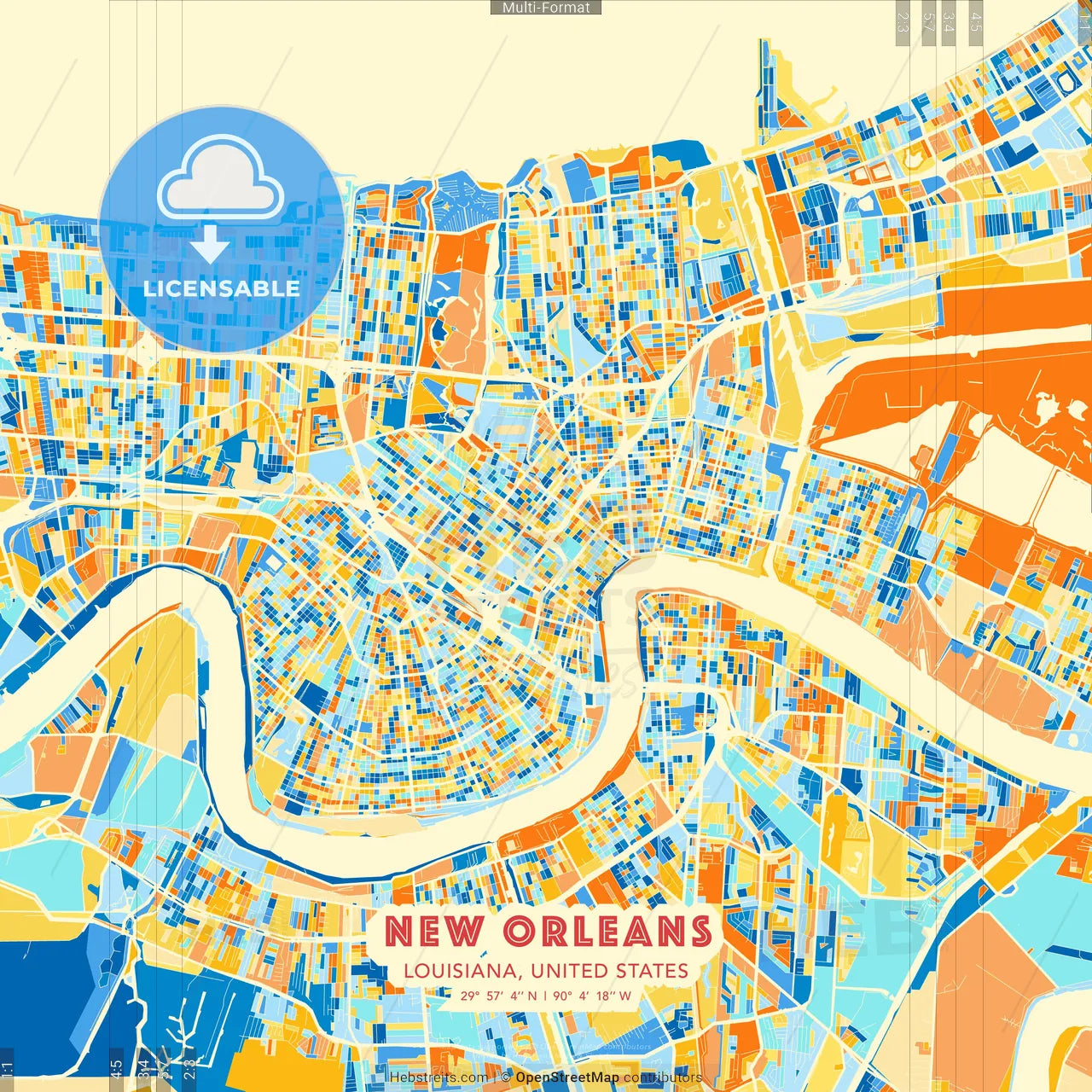 New Orleans, Louisiana, United States blue and orange vector art map template