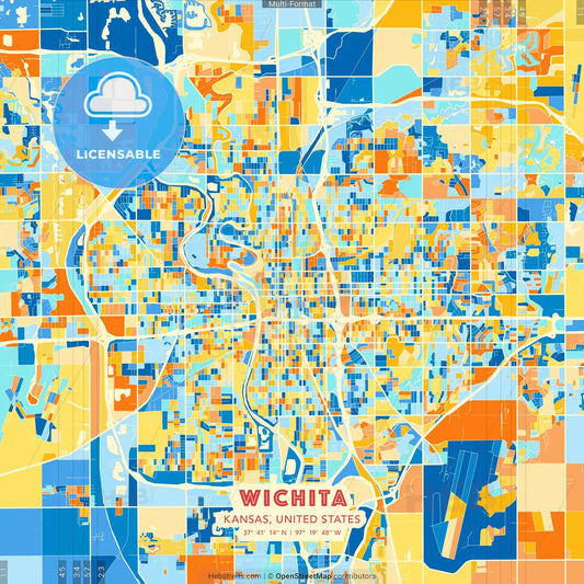 Wichita, Kansas, United States blue and orange vector art map template