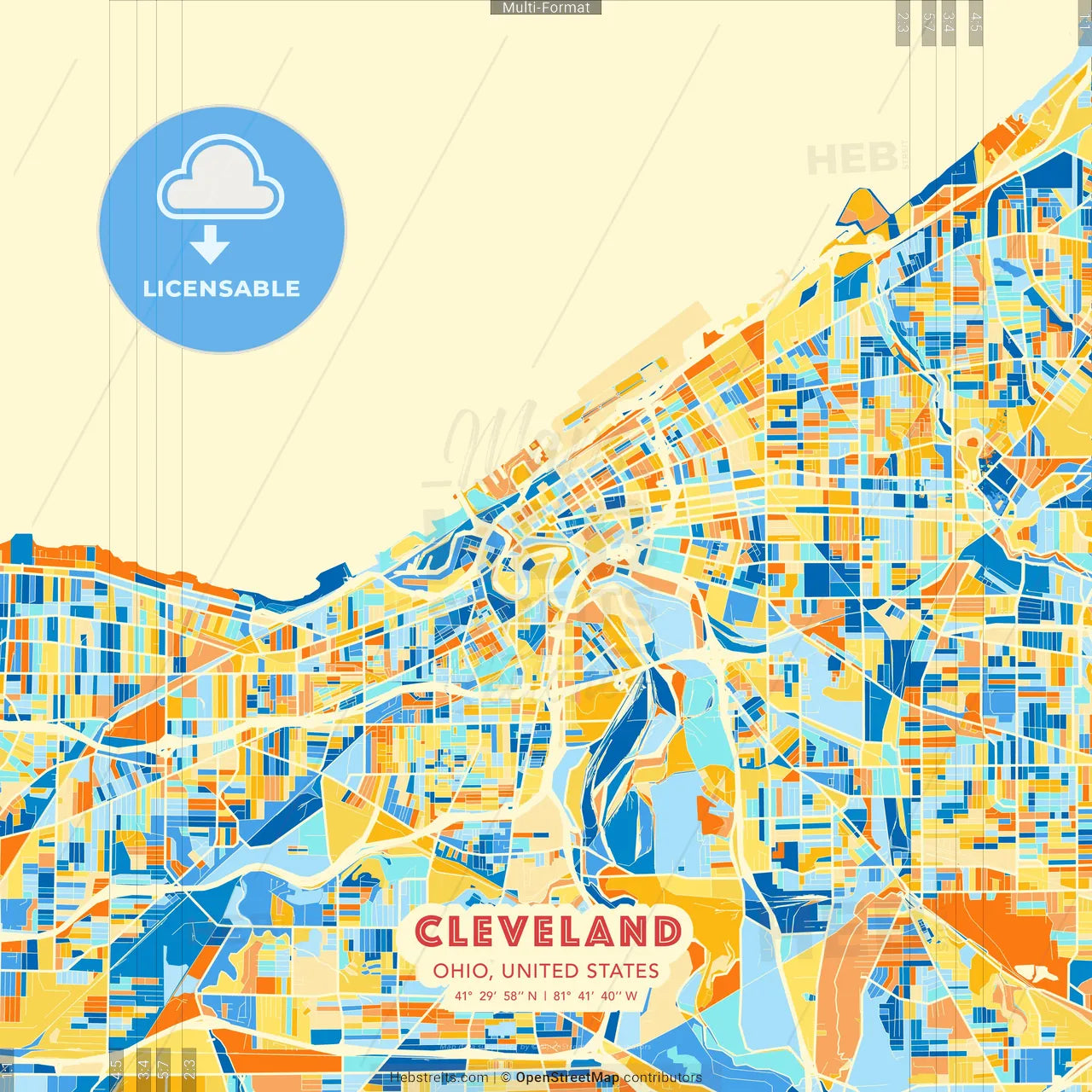 Cleveland, Ohio, United States blue and orange vector art map template