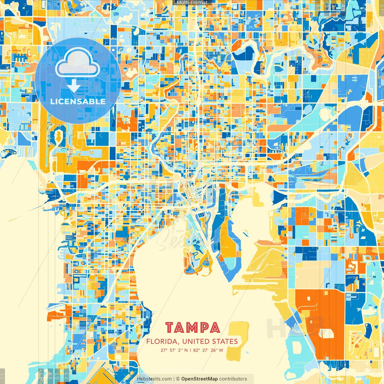 Tampa, Florida, United States blue and orange vector art map template