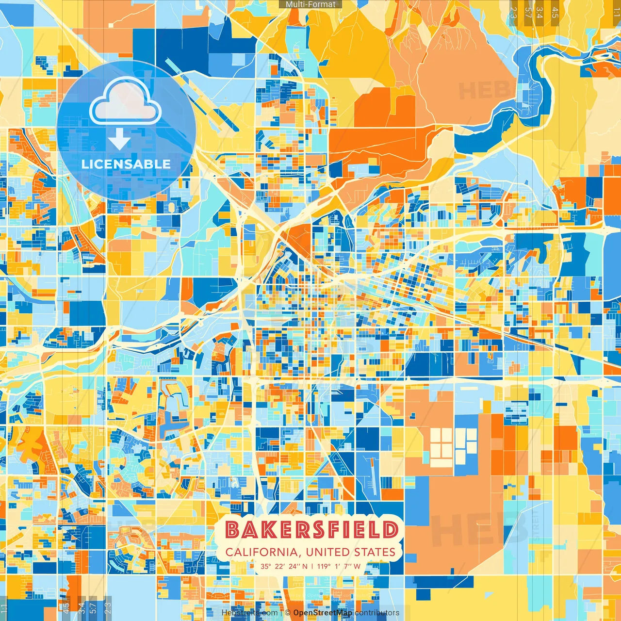 Bakersfield, California, United States blue and orange vector art map template