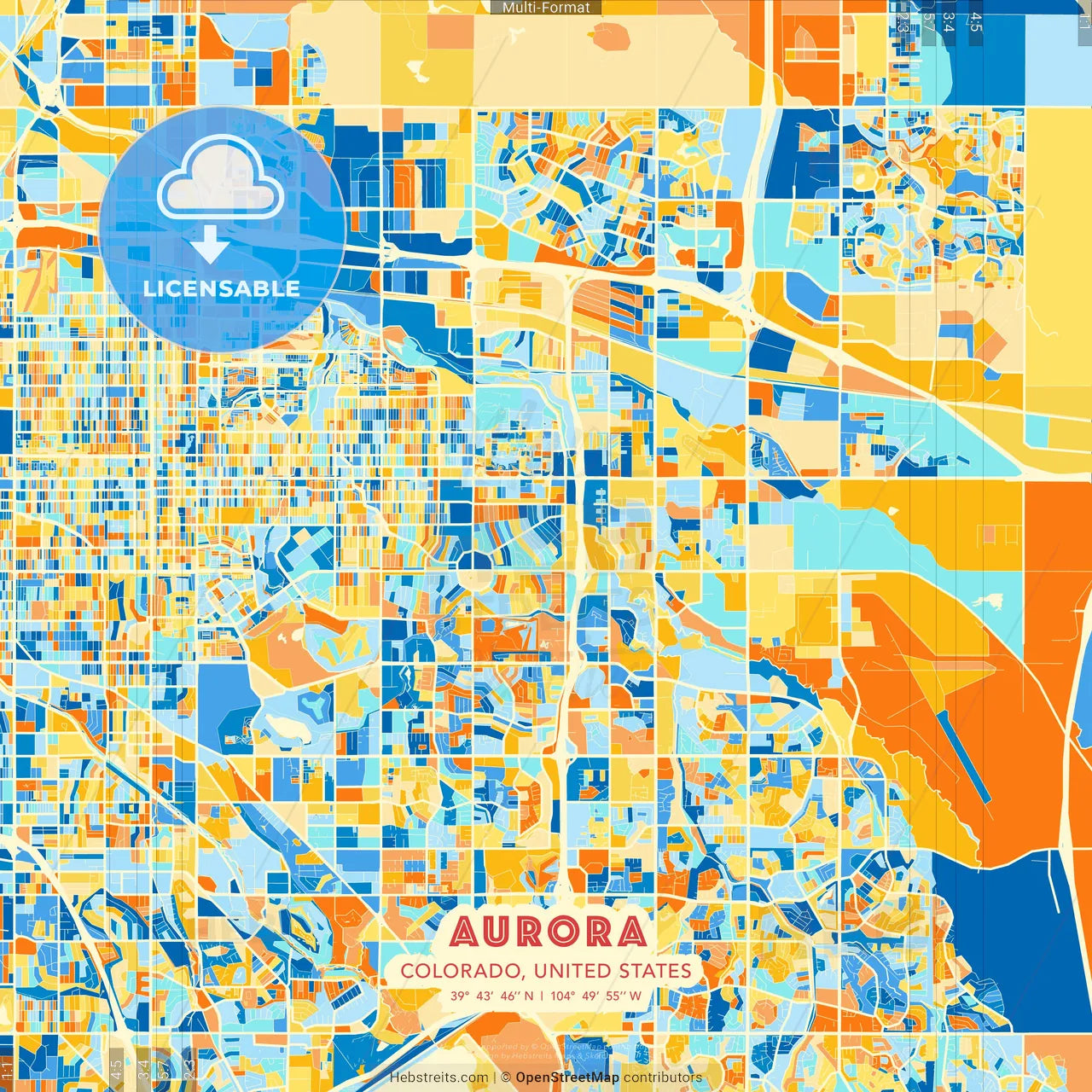 Aurora, Colorado, United States blue and orange vector art map template