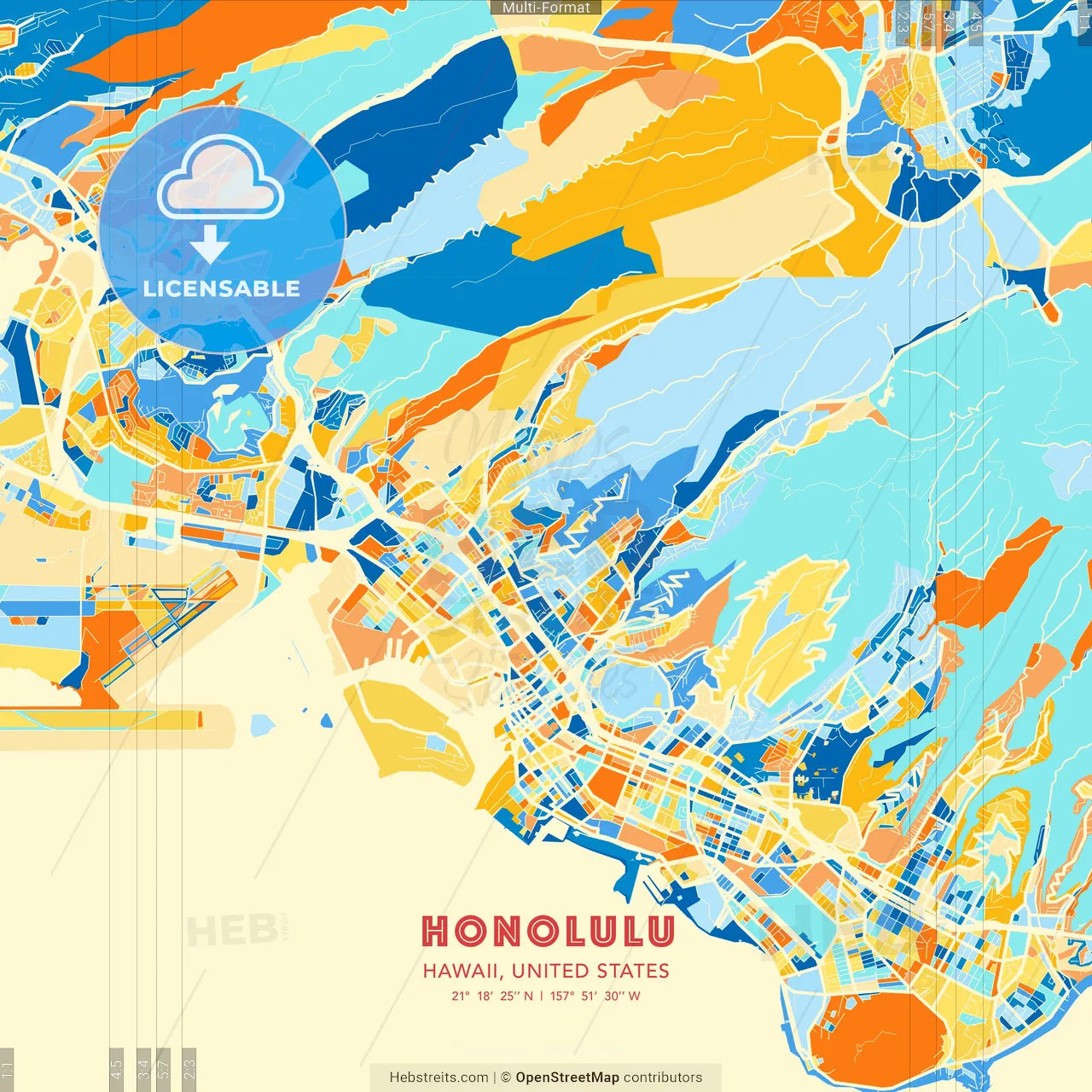 Honolulu, Hawaii, United States blue and orange vector art map template