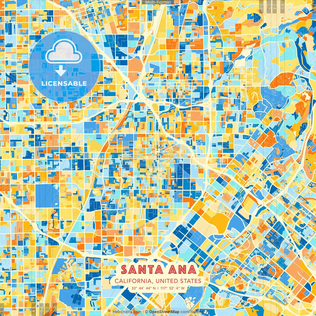 Santa Ana, California, United States blue and orange vector art map template