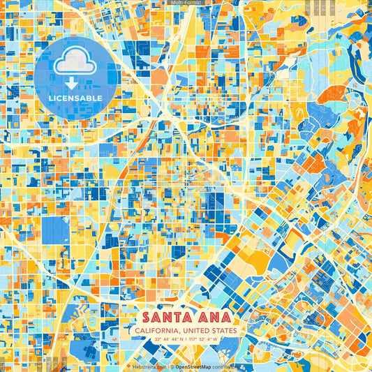 Santa Ana, California, United States blue and orange vector art map template