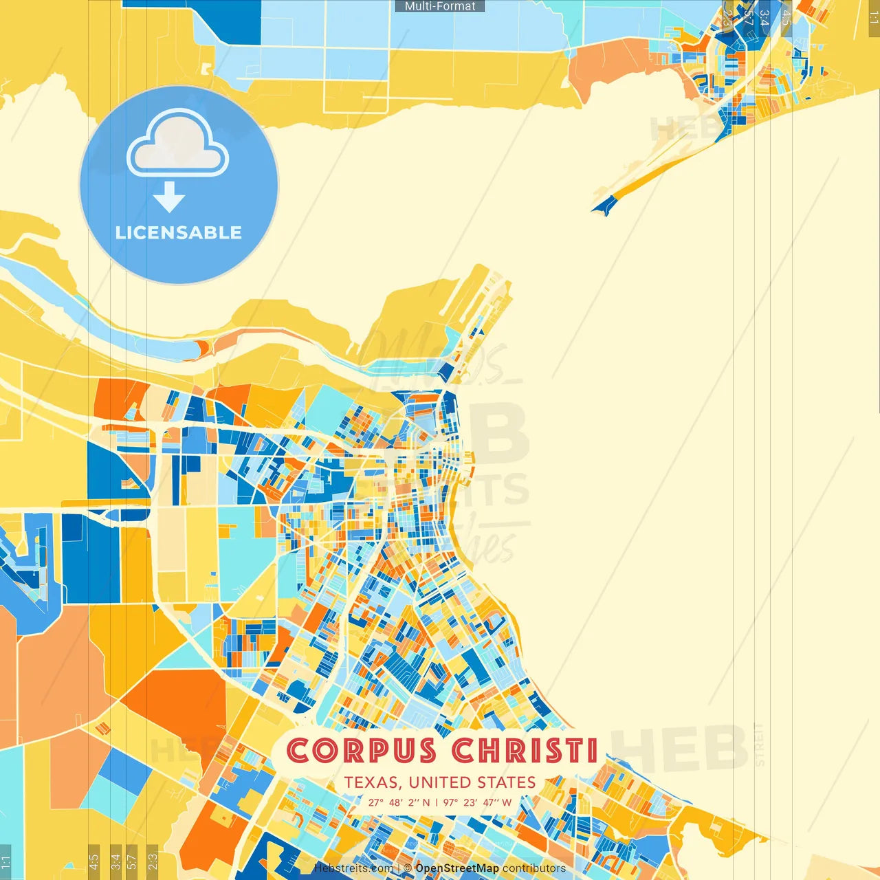 Corpus Christi, Texas, United States blue and orange vector art map template