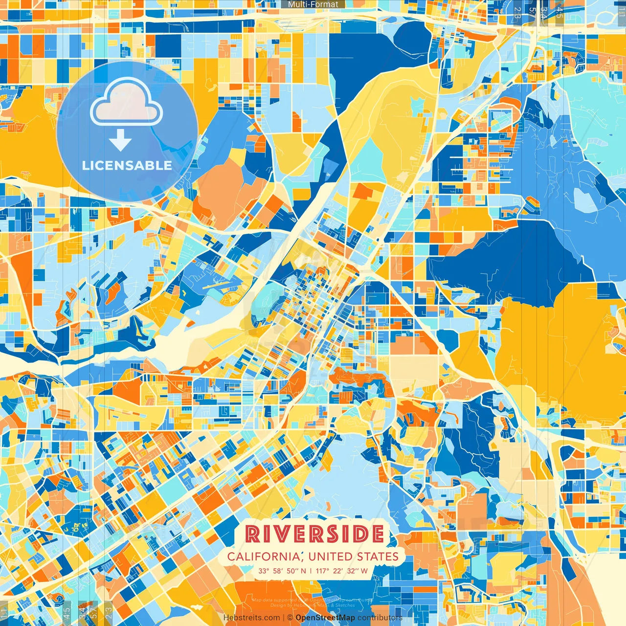 Riverside, California, United States blue and orange vector art map template