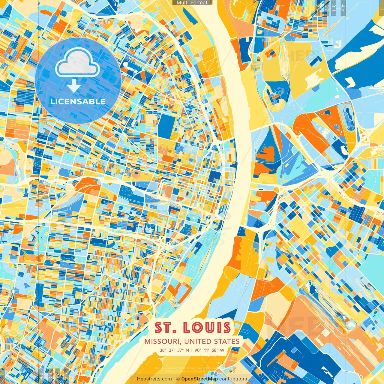 St. Louis, Missouri, United States blue and orange vector art map template