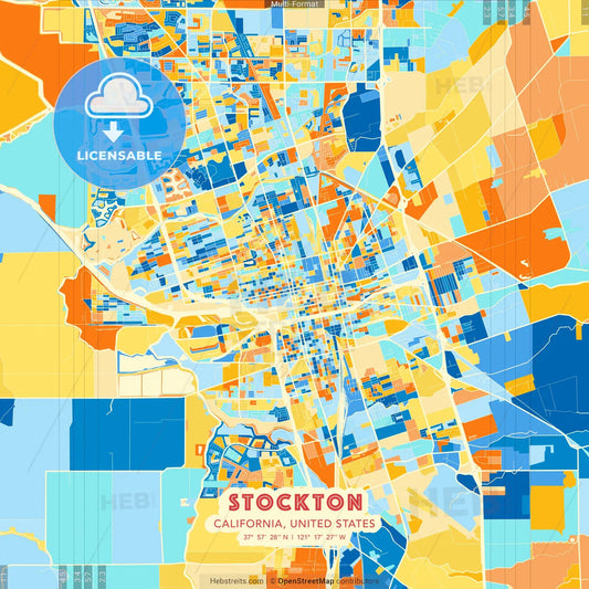 Stockton, California, United States blue and orange vector art map template