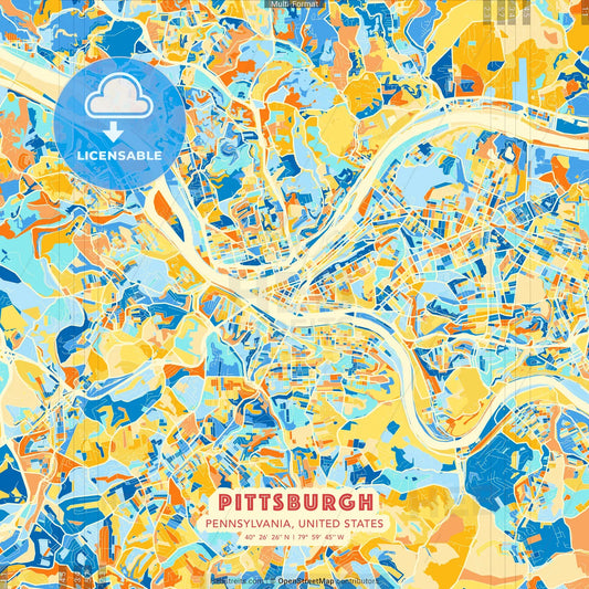 Pittsburgh, Pennsylvania, United States blue and orange vector art map template